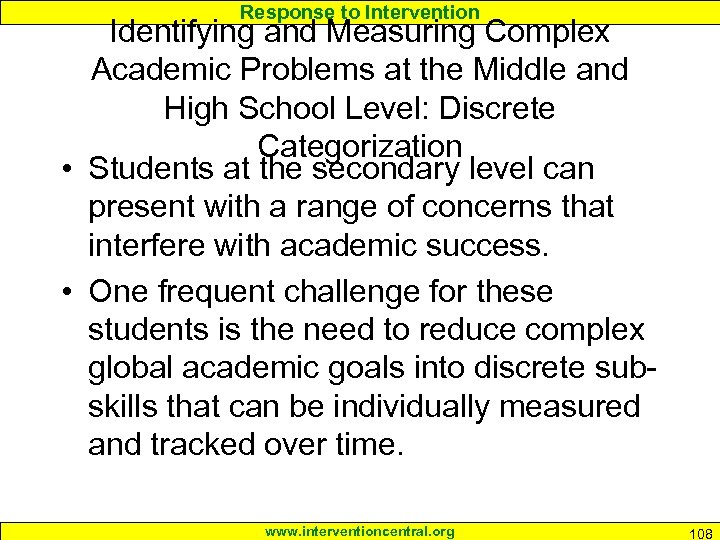 Response to Intervention Identifying and Measuring Complex Academic Problems at the Middle and High