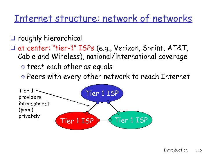 Internet structure: network of networks q roughly hierarchical q at center: “tier-1” ISPs (e.