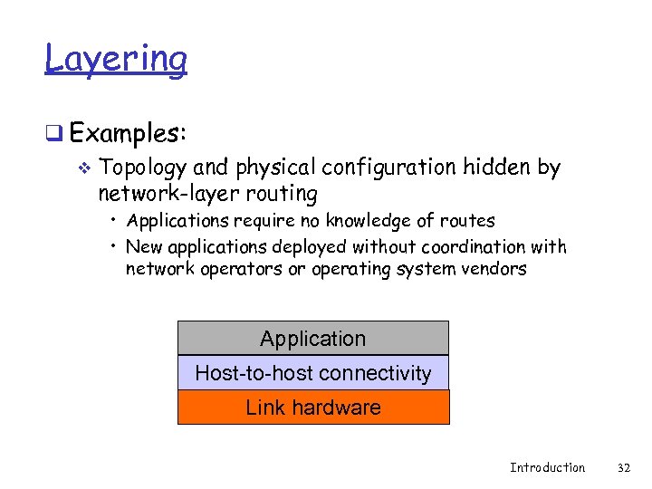 Layering q Examples: v Topology and physical configuration hidden by network-layer routing • Applications