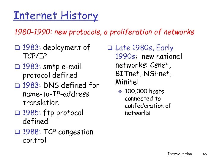 Internet History 1980 -1990: new protocols, a proliferation of networks q 1983: deployment of