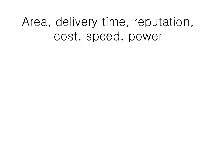 Area, delivery time, reputation, cost, speed, power 
