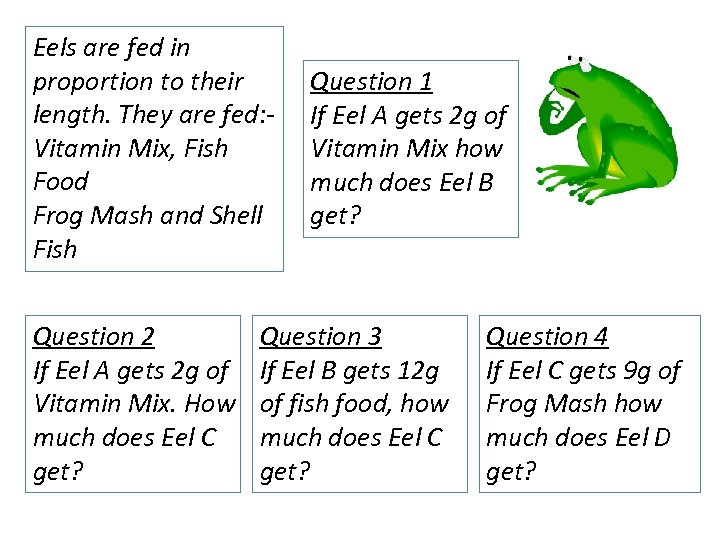 Eels are fed in proportion to their length. They are fed: Vitamin Mix, Fish