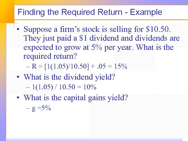 Finding the Required Return - Example • Suppose a firm’s stock is selling for