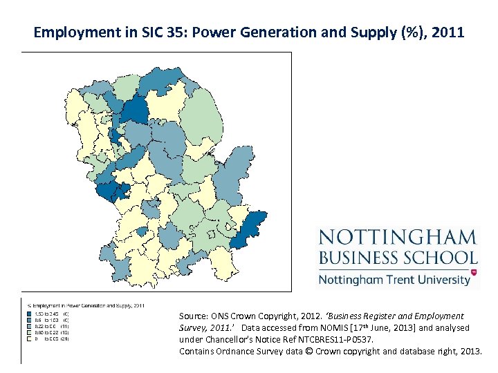 Employment in SIC 35: Power Generation and Supply (%), 2011 Source: ONS Crown Copyright,