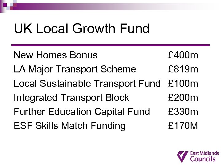 UK Local Growth Fund New Homes Bonus LA Major Transport Scheme Local Sustainable Transport