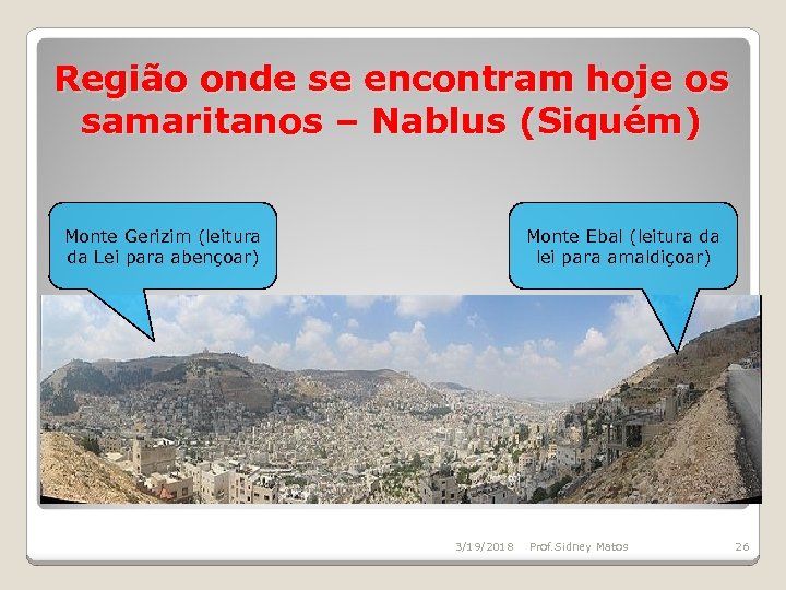 Região onde se encontram hoje os samaritanos – Nablus (Siquém) Monte Gerizim (leitura da