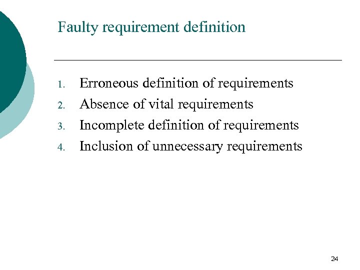 Faulty requirement definition 1. 2. 3. 4. Erroneous definition of requirements Absence of vital