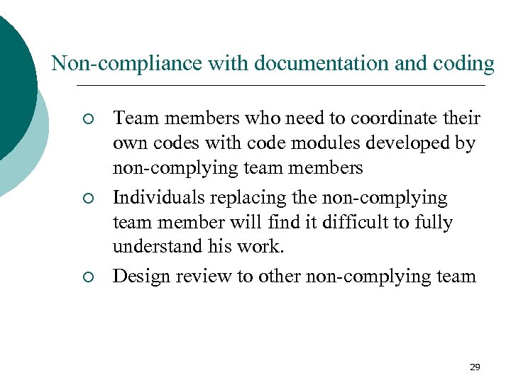 Non-compliance with documentation and coding ¡ ¡ ¡ Team members who need to coordinate