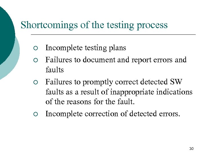 Shortcomings of the testing process ¡ ¡ Incomplete testing plans Failures to document and
