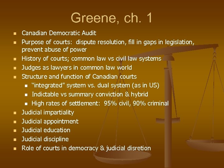 Greene, ch. 1 n n n n n Canadian Democratic Audit Purpose of courts: