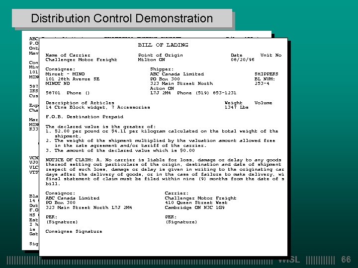 Distribution Control Demonstration ABC Canada Limited COMMERCIAL CUSTOMS INVOICE B/L : 253 -4 P.