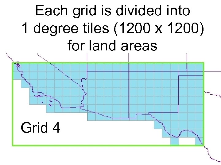 Each grid is divided into 1 degree tiles (1200 x 1200) for land areas