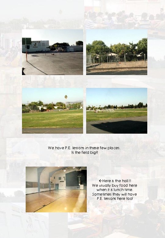 We have P. E. lessons in these few places. Is the field big? Here