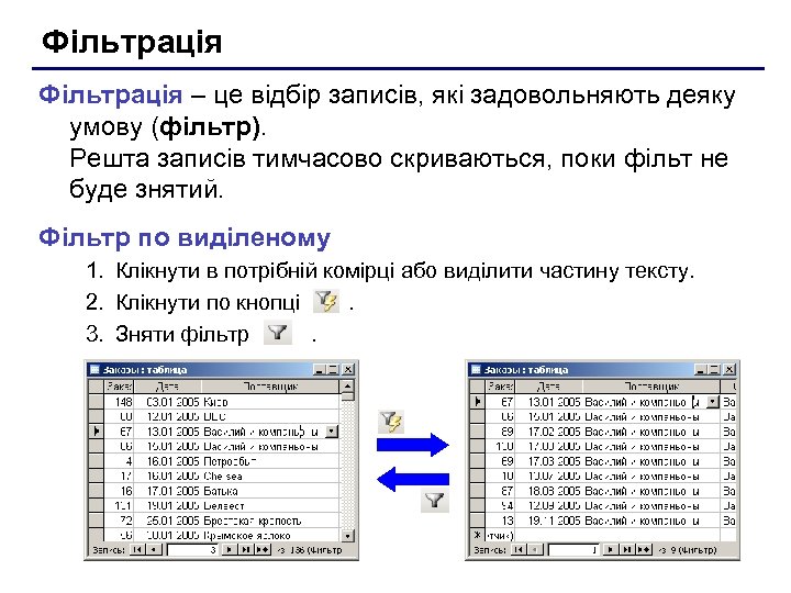 Фільтрація – це відбір записів, які задовольняють деяку умову (фільтр). Решта записів тимчасово скриваються,