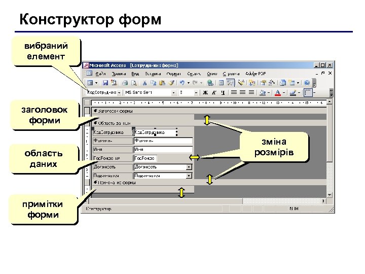 Конструктор форм вибраний елемент заголовок форми область даних примітки форми зміна розмірів 