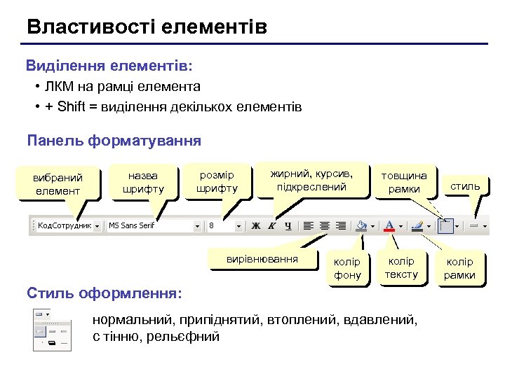 Властивості елементів Виділення елементів: • ЛКМ на рамці елемента • + Shift = виділення