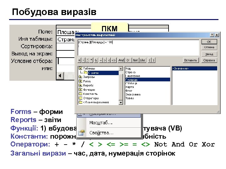 Побудова виразів ПКМ Forms – форми Reports – звіти Функції: 1) вбудовані; 2) функції