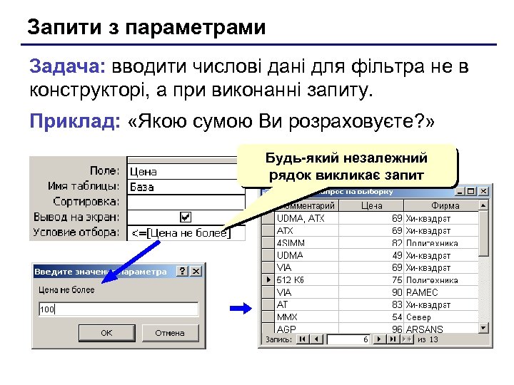 Запити з параметрами Задача: вводити числові дані для фільтра не в конструкторі, а при