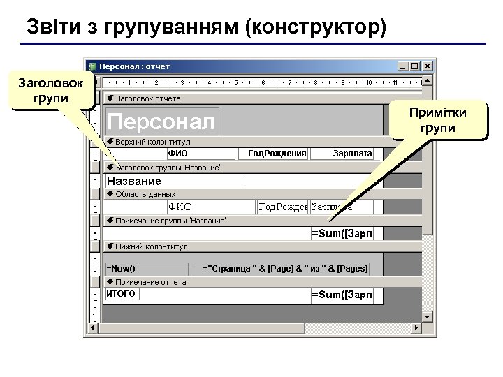 Звіти з групуванням (конструктор) Заголовок групи Примітки групи 