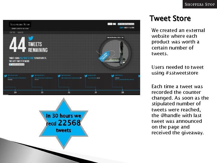 Tweet Store We created an external website where each product was worth a certain