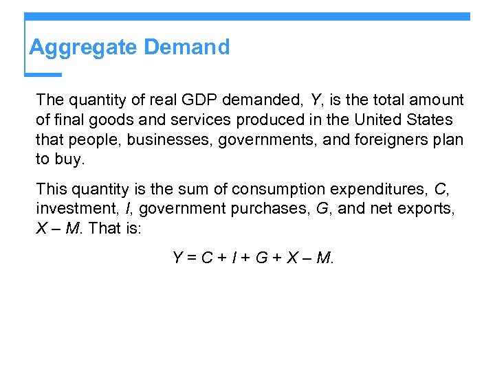 Aggregate Demand The quantity of real GDP demanded, Y, is the total amount of