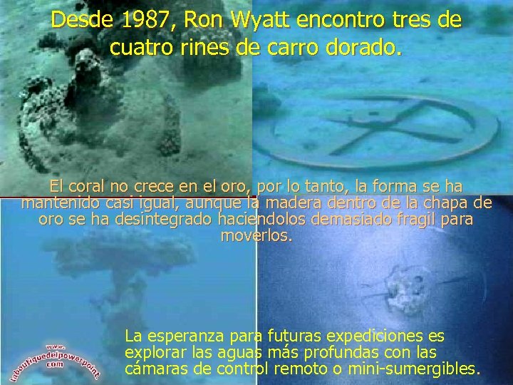 Desde 1987, Ron Wyatt encontro tres de cuatro rines de carro dorado. El coral
