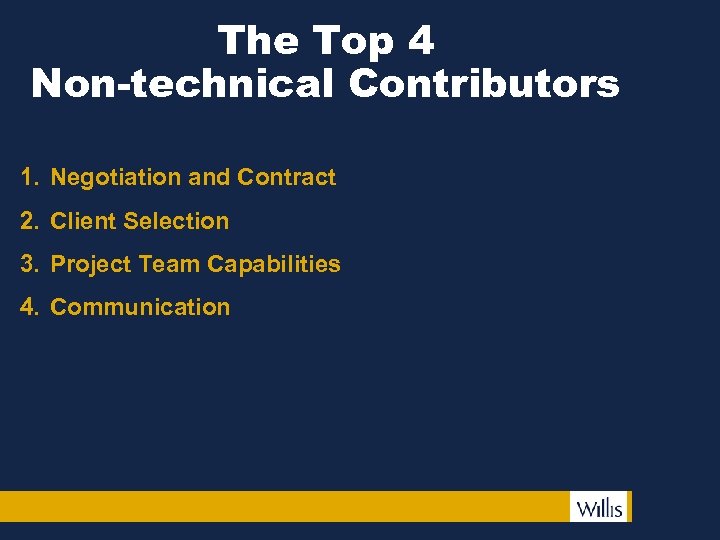 The Top 4 Non-technical Contributors 1. Negotiation and Contract 2. Client Selection 3. Project