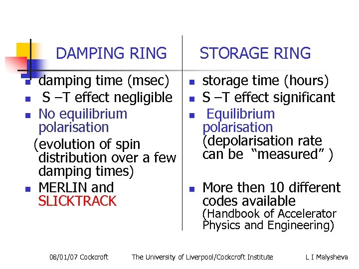 DAMPING RING damping time (msec) n S –T effect negligible n No equilibrium polarisation