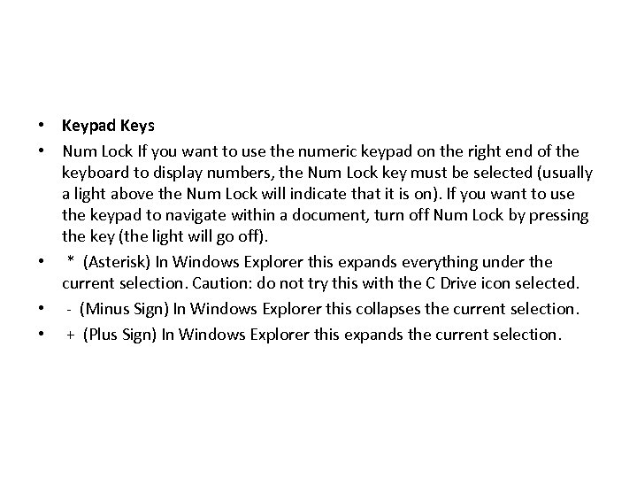  • Keypad Keys • Num Lock If you want to use the numeric