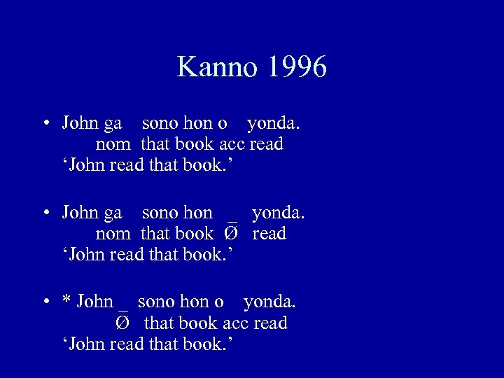 Kanno 1996 • John ga sono hon o yonda. nom that book acc read
