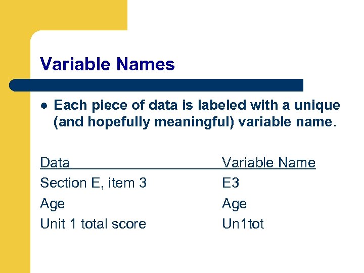 Variable Names l Each piece of data is labeled with a unique (and hopefully