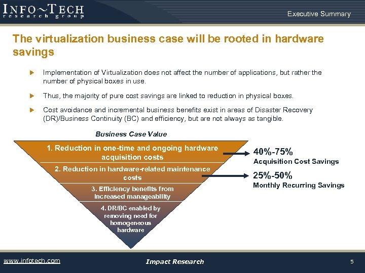 Executive Summary The virtualization business case will be rooted in hardware savings u Implementation