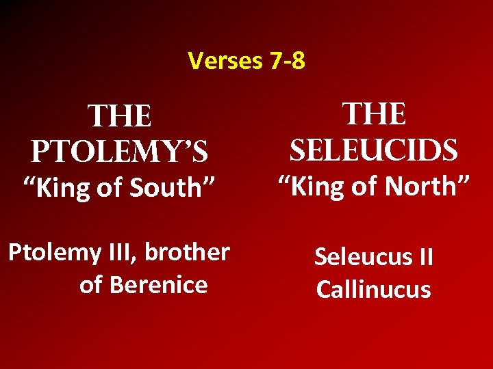 Verses 7 -8 The Ptolemy’s “King of South” The Seleucids “King of North” Ptolemy