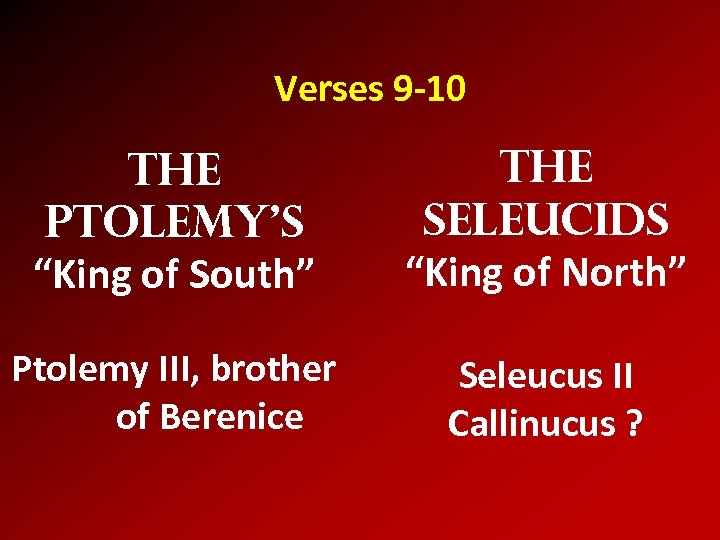 Verses 9 -10 The Ptolemy’s “King of South” The Seleucids “King of North” Ptolemy