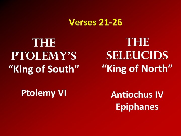 Verses 21 -26 The Ptolemy’s “King of South” The Seleucids “King of North” Ptolemy