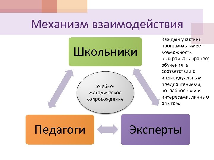 Механизм взаимодействия Школьники Учебнометодическое сопровождение Педагоги Каждый участник программы имеет возможность выстраивать процесс обучения