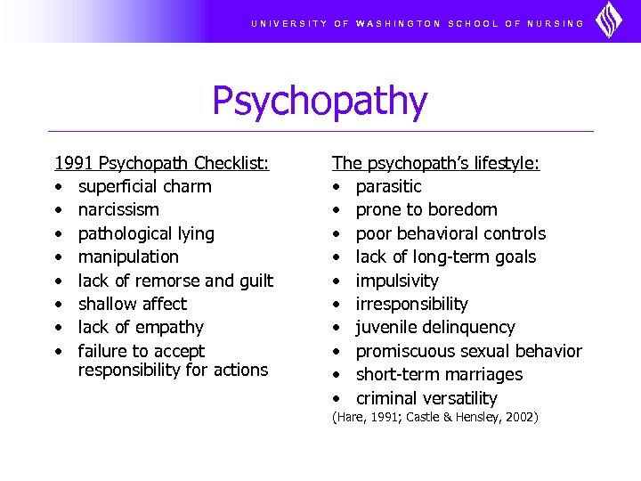 UNIVERSITY OF WASHINGTON SCHOOL OF NURSING Psychopathy 1991 Psychopath Checklist: • superficial charm •