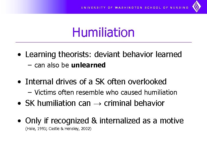 UNIVERSITY OF WASHINGTON SCHOOL OF NURSING Humiliation • Learning theorists: deviant behavior learned –