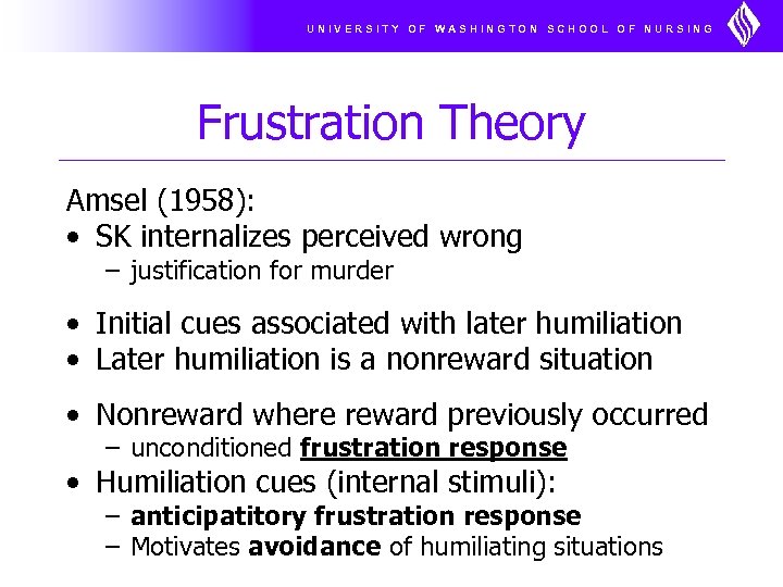 UNIVERSITY OF WASHINGTON SCHOOL OF NURSING Frustration Theory Amsel (1958): • SK internalizes perceived