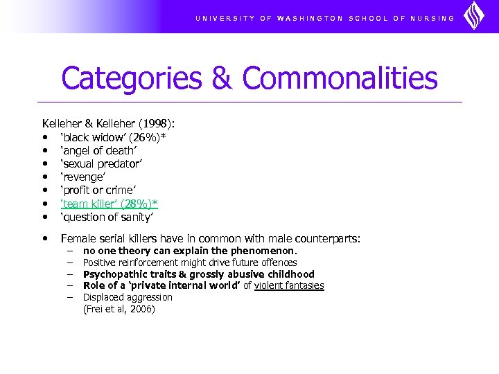 UNIVERSITY OF WASHINGTON SCHOOL OF NURSING Categories & Commonalities Kelleher & Kelleher (1998): •