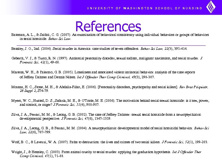 UNIVERSITY OF WASHINGTON SCHOOL OF NURSING References Bateman, A. L. , & Salfati, C.