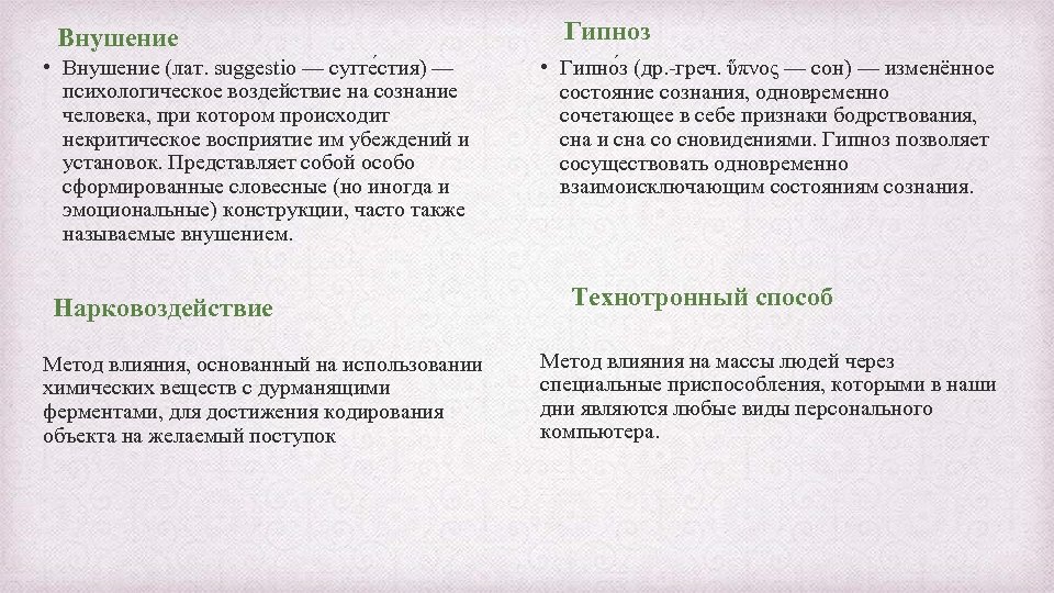 Внушение • Внушение (лат. suggestio — сугге стия) — психологическое воздействие на сознание человека,