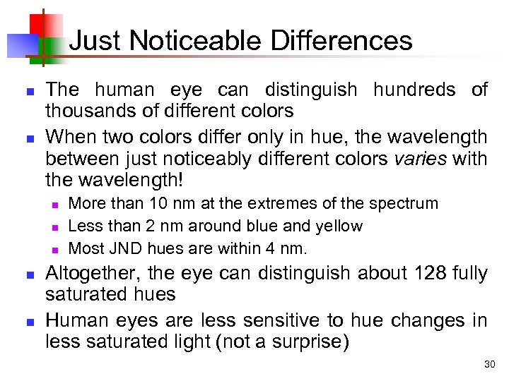 Just Noticeable Differences n n The human eye can distinguish hundreds of thousands of