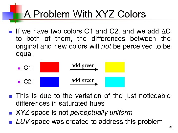 A Problem With XYZ Colors n If we have two colors C 1 and