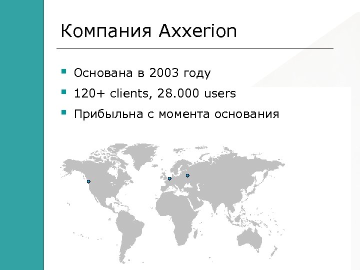 Компания Axxerion Основана в 2003 году 120+ clients, 28. 000 users Прибыльна с момента