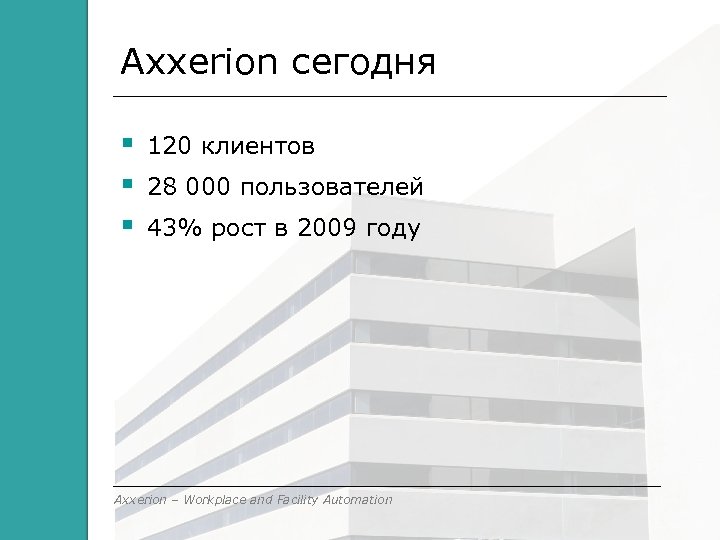 Axxerion сегодня 120 клиентов 28 000 пользователей 43% рост в 2009 году Axxerion –