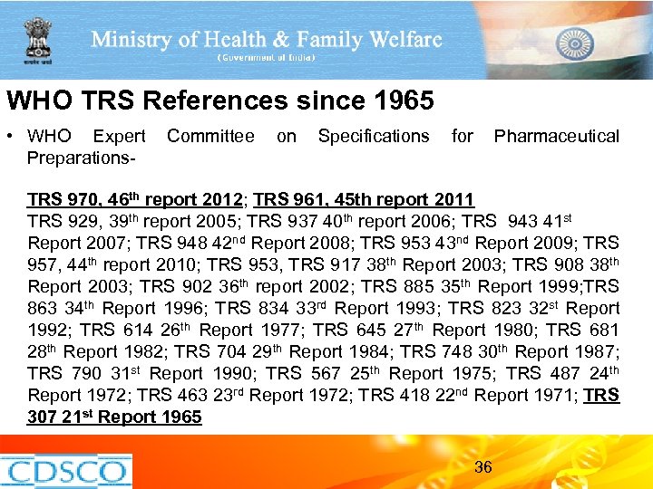 WHO TRS References since 1965 • WHO Expert Committee on Specifications for Pharmaceutical Preparations.