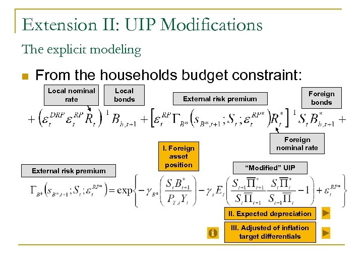 Extension II: UIP Modifications The explicit modeling n From the households budget constraint: Local