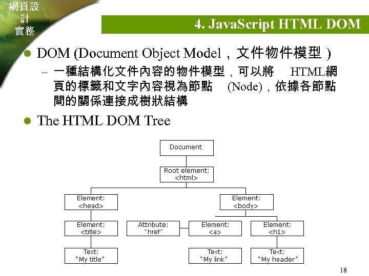 網頁設 計 實務 l 4. Java. Script HTML DOM (Document Object Model，文件物件模型 ) –