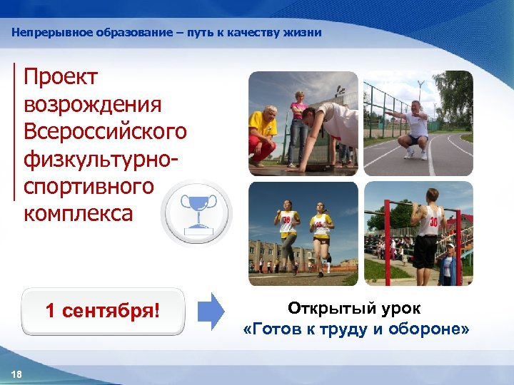 Непрерывное образование – путь к качеству жизни Проект возрождения Всероссийского физкультурноспортивного комплекса 1 сентября!